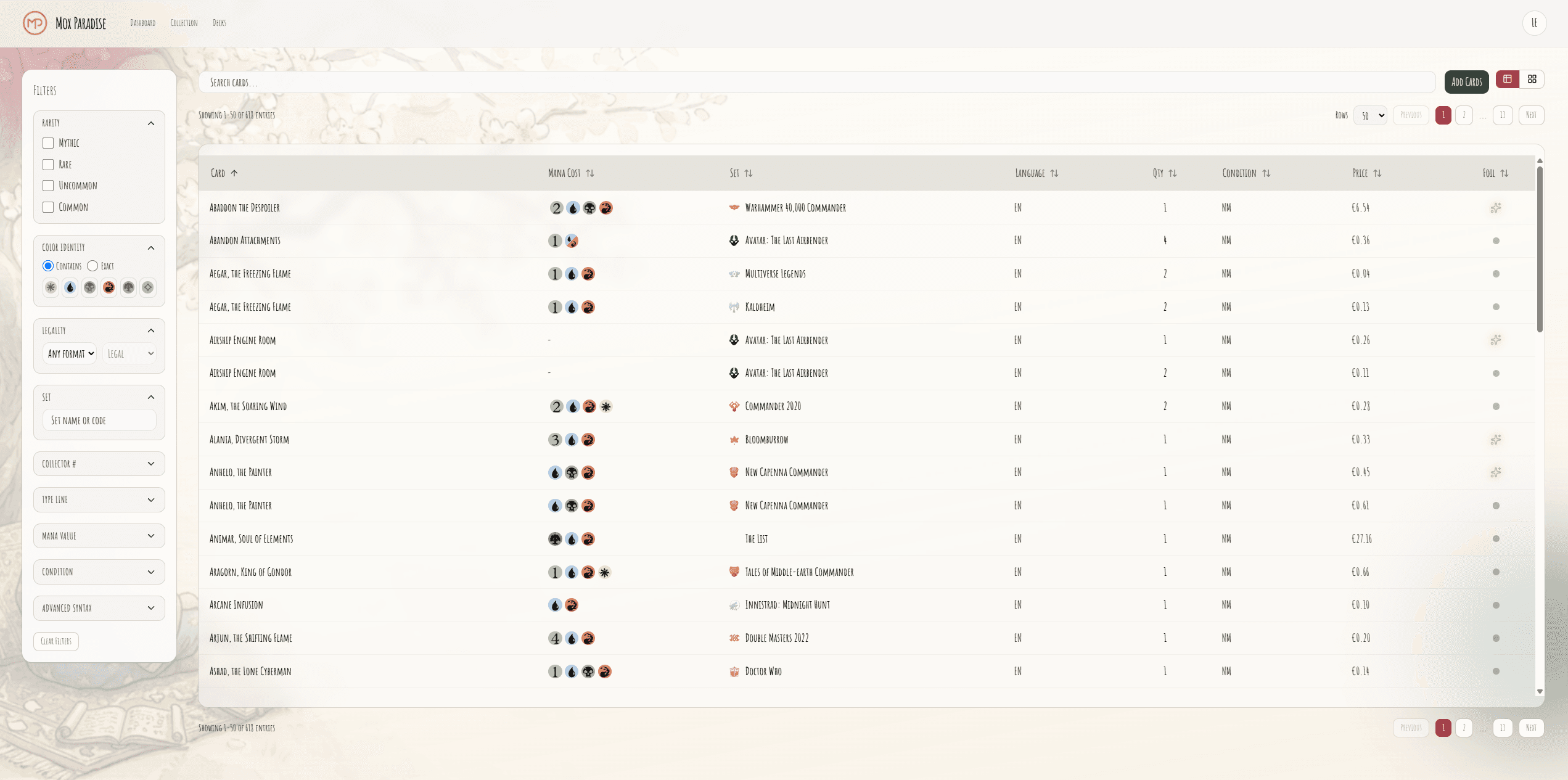 Collection page showing searchable card inventory.