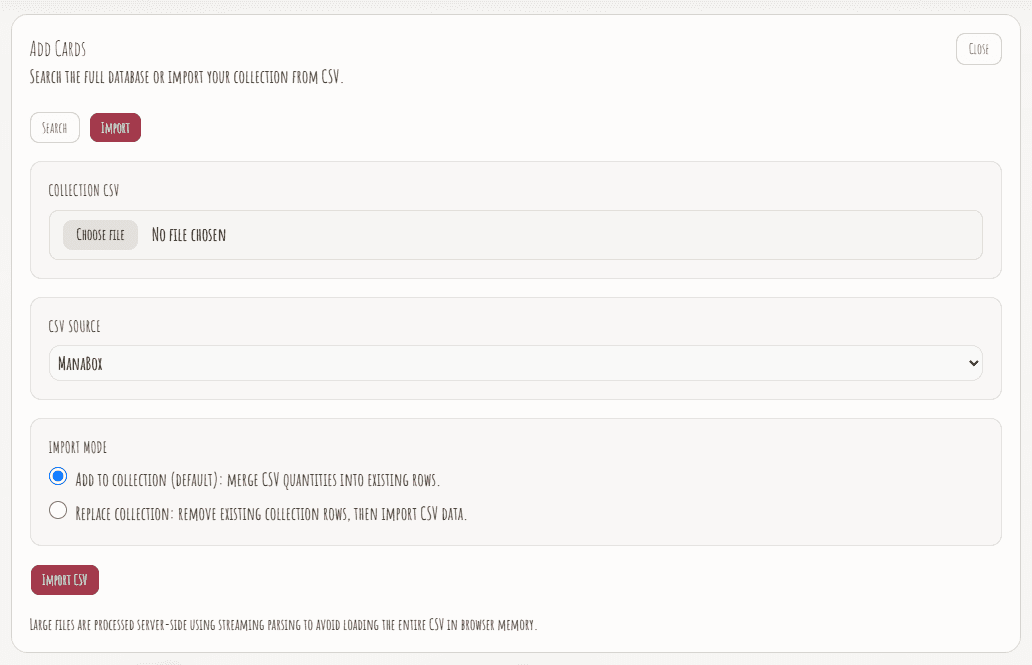 Import flow with CSV mapping and progress feedback.